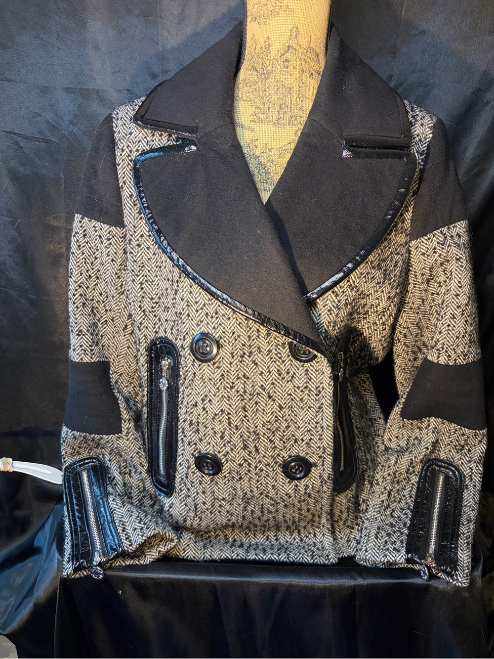 Betsey Johnson Black and grey Double-Breasted Herringbone is Peacoat